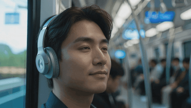 지하철에서 무선 헤드셋으로 음악을 듣는 젊은 남자