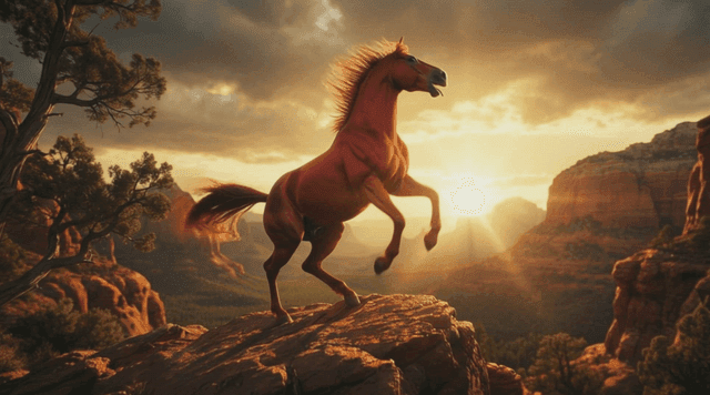 Horse standing on rocky cliff at sunrise