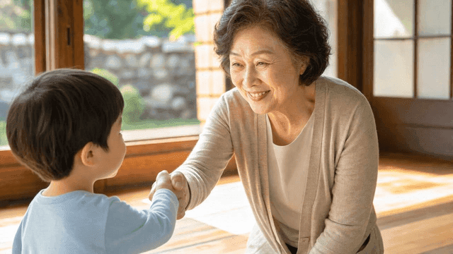 Elderly woman and child shaking hands
