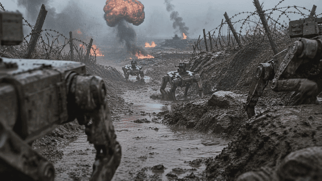 Robotic machines in a muddy battlefield