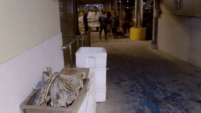 Fish market with dried fish and workers