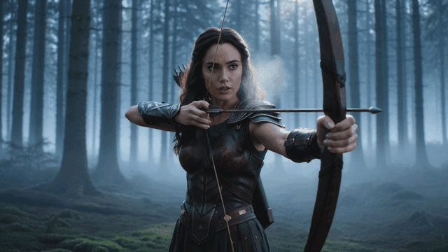 Woman aiming bow in foggy forest.