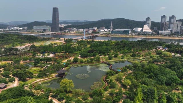 연못과 도시 스카이라인이 있는 푸른 공원