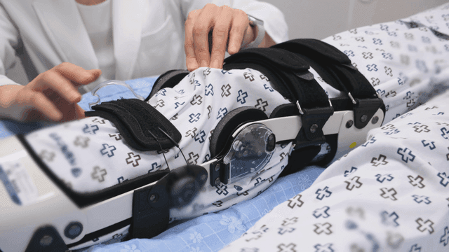 A patient with a leg brace in a hospital