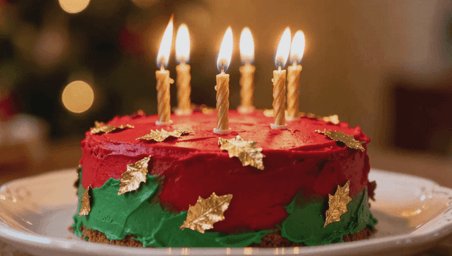 촛불이 켜진 크리스마스 케이크