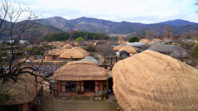 Rural village with thatched-roof houses in the mountains