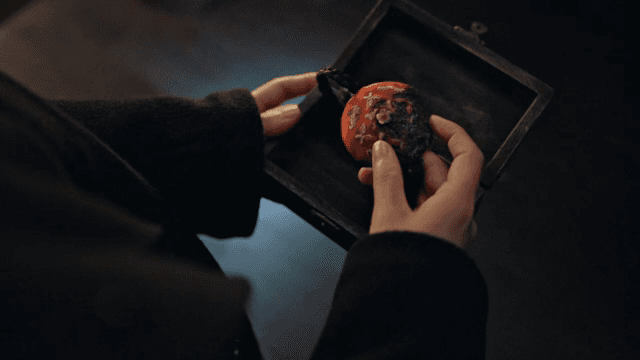 실내에서 머리 장식이 들어있는 상자를 들고 있는 사람