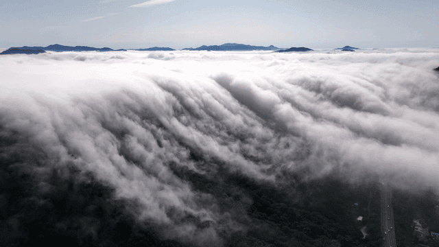 Clouds rolling over a forested mountain