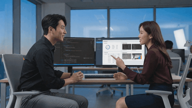 Office meeting where two colleagues are discussing