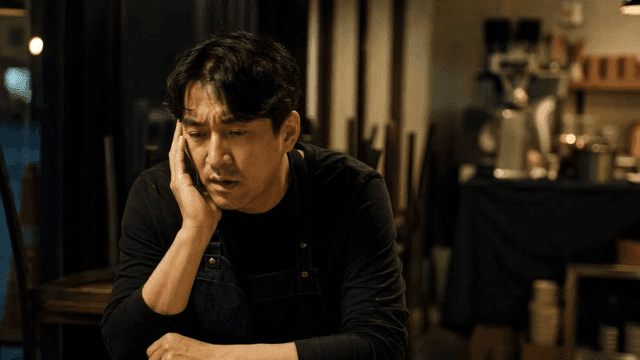 카페에서 혼자 앉아 스트레스를 받는 남자 사장