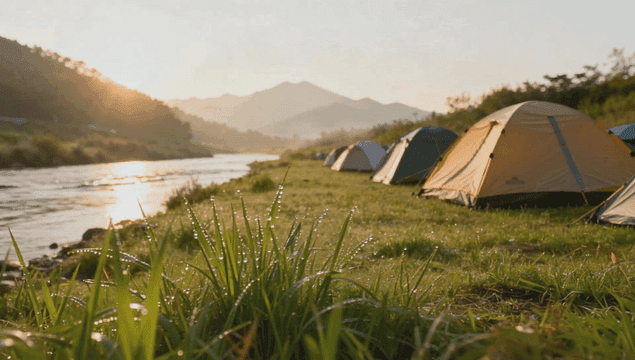 해뜰녘 잔잔한 강가에 있는 텐트