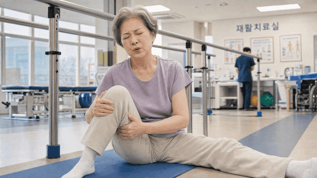 An elderly woman in a rehabilitation center experiencing knee pain