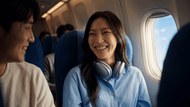 Man and woman smiling at each other on airplane