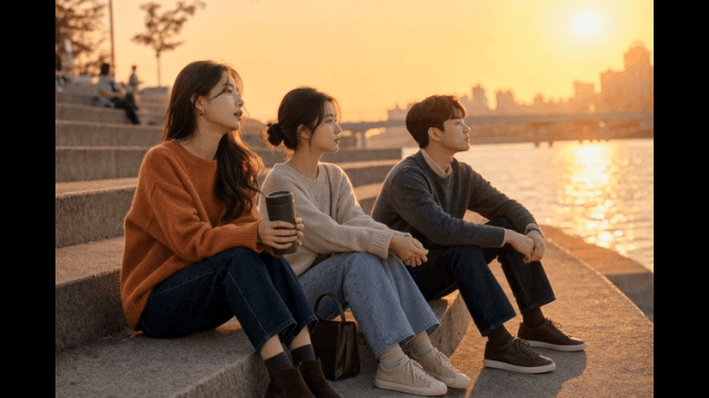Friends sitting by the river at sunset