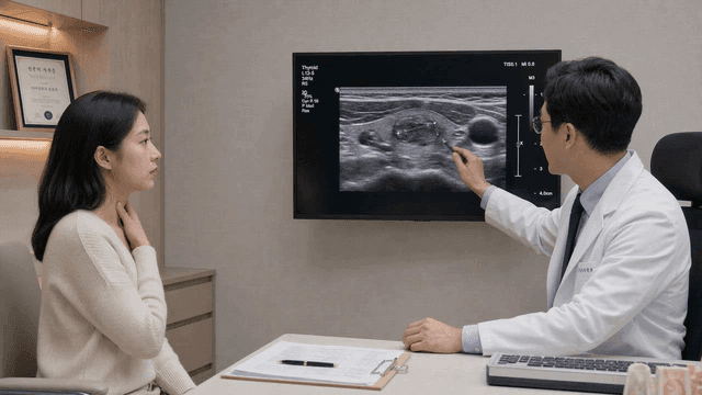 Doctor explains thyroid ultrasound results to patient