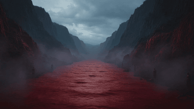 Foggy canyon where red river flows.
