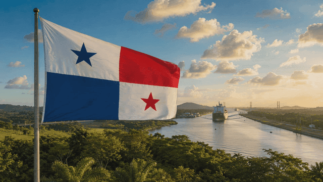 Panama Canal with a waving flag