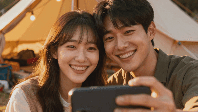 캠핑장에서 셀카를 찍는 커플