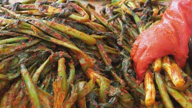 Preparing kimchi with fresh leaf mustard stems