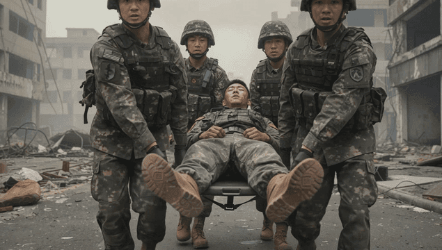 부상당한 동료를 나르는 군인들