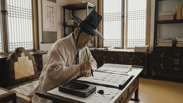 Old man practicing traditional Korean calligraphy in his study