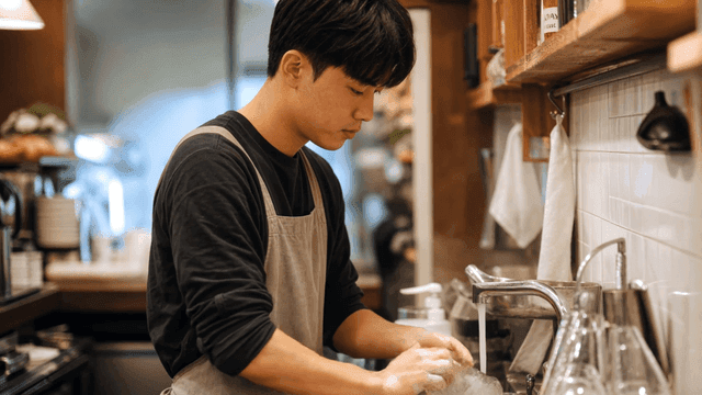 아늑한 주방에서 설거지하는 남자