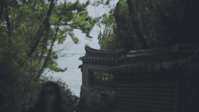 멀리 바다가 보이는 전통 한국 기와 담장