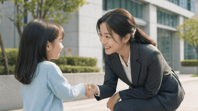 Woman in suit shaking hands with child