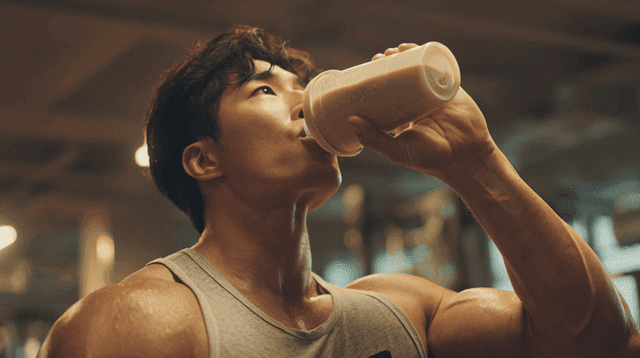 운동 후 프로틴 쉐이크를 마시는 남성