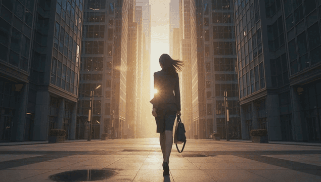 Back view of a female office worker walking between tall buildings
