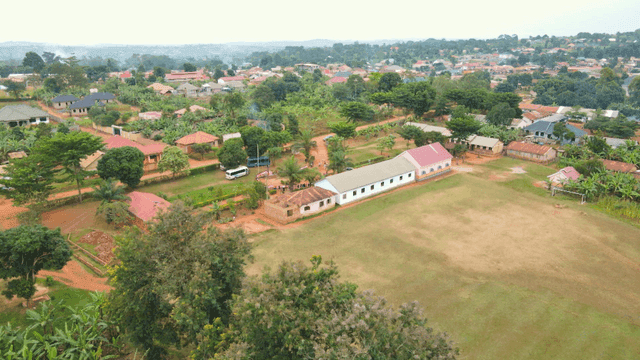 Aerial view of a rural village with greenery