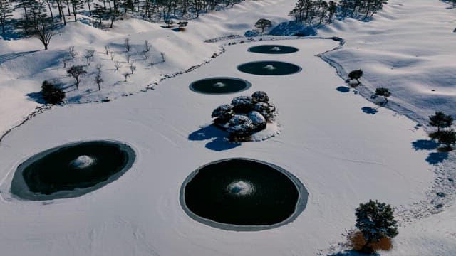 Winter Landscape with Snow-Covered Ponds