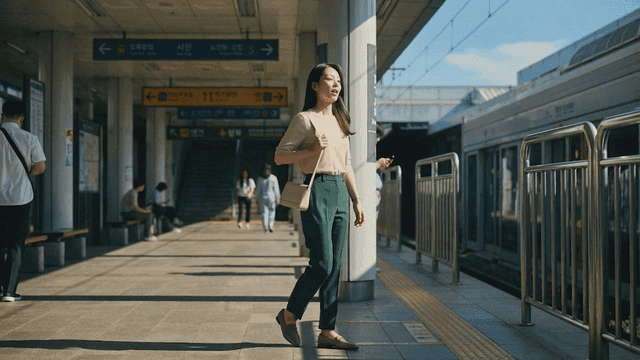 Working woman waiting at sunlit train station