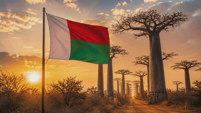 Baobab trees and Madagascar flag at sunset