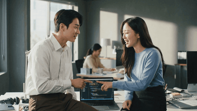 Colleagues discussing code in an office