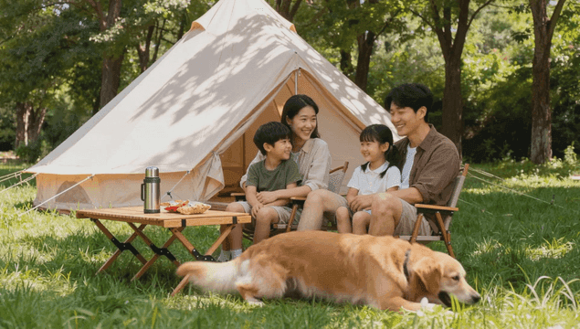 Family camping with a golden retriever