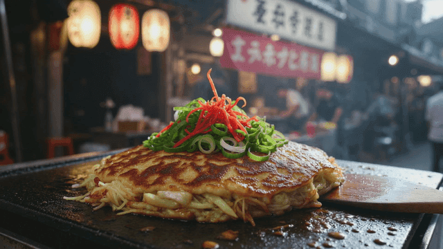 Okonomiyaki cooking on a street grill