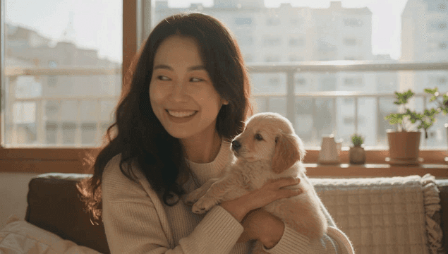 Woman holding a puppy in a sunlit living room