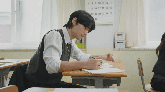 교실에서 글쓰기에 집중하는 학생