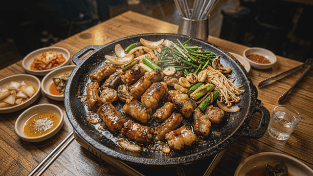 Grilled Korean intestines with side dishes