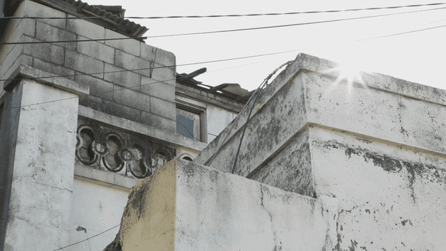 Sunlight shining on an old building