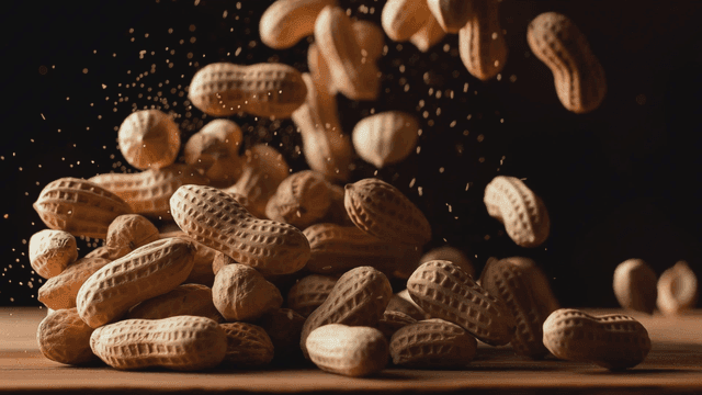 Peanuts falling onto a wooden surface