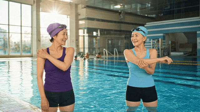 Two elderly women stretching in a pool