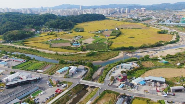 View of rural farmland and a city