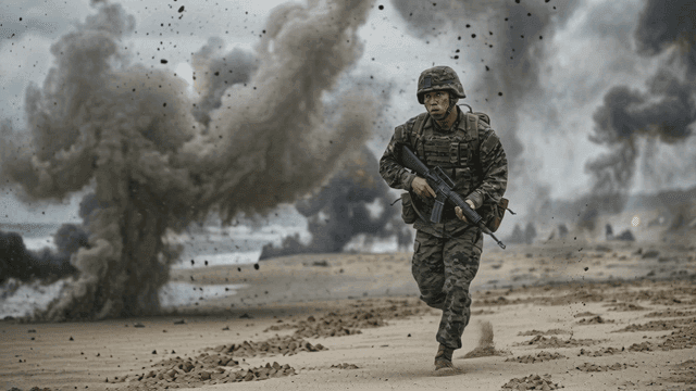 Soldier running on a beach amidst explosions