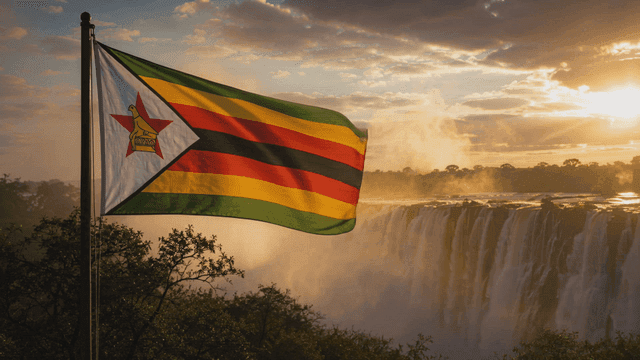 Zimbabwean flag waving near a waterfall