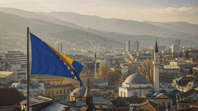 City scene with Bosnian flag fluttering in wind