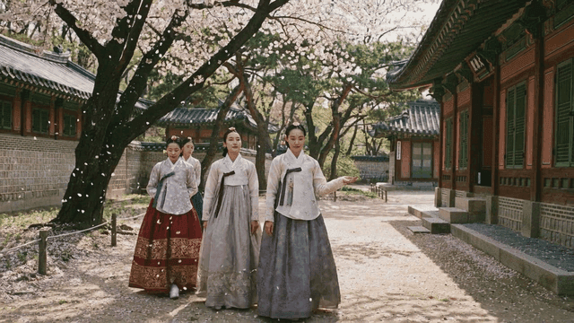 Women wearing traditional Hanbok under cherry blossoms