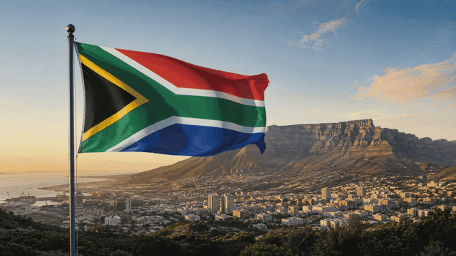 Cityscape and flag of South Africa