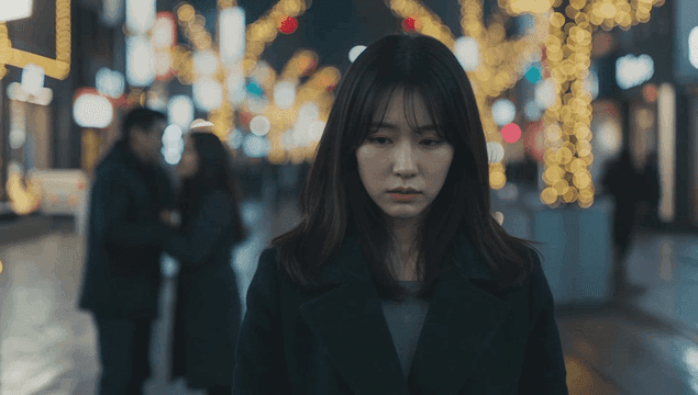 크리스마스 거리에서 혼자 걷는 여성